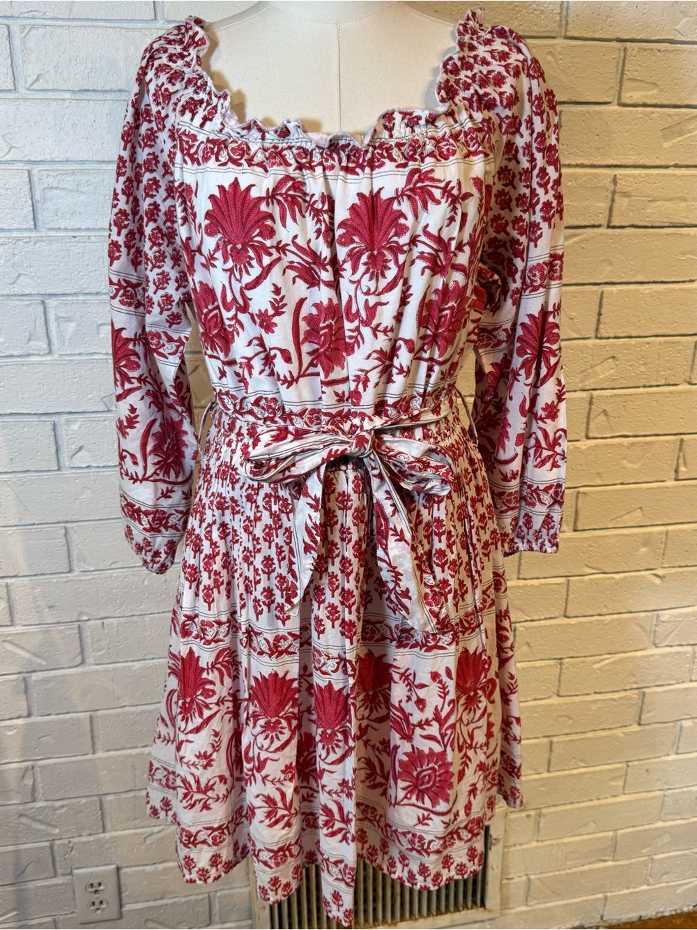 Madison Mathews 100% Cotton Red Block Print Mini Dress Womens L